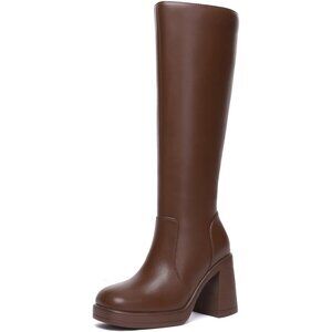 Women's Brown Athlefit Knee High Platform Heeled Toe Chunky Side Zipper Boots